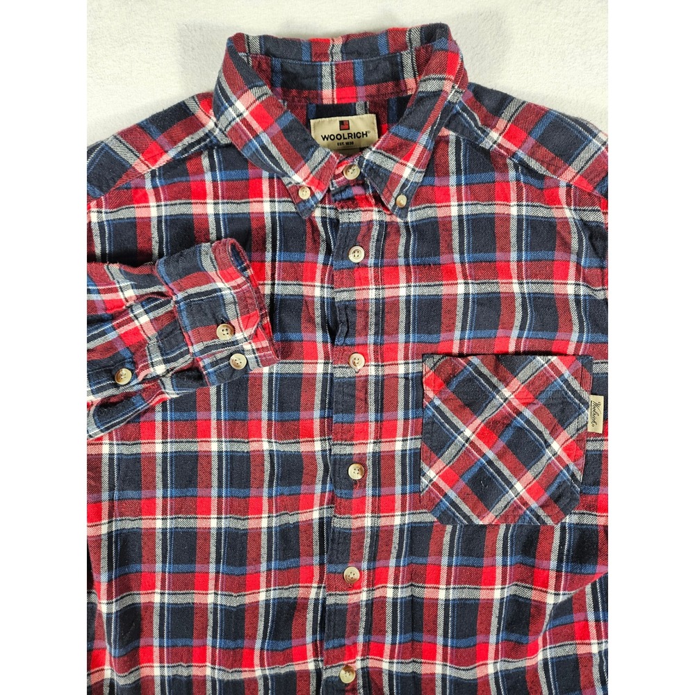 Woolrich Mens Flannel Shirt Medium Red Navy Blue Plaid Button Down Cotton RVP